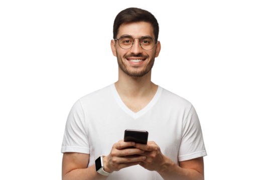 Handsome man looking straight at camera while holding his phone