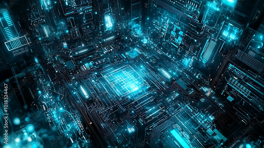 Poster Abstract futuristic digital circuit board with glowing lights.