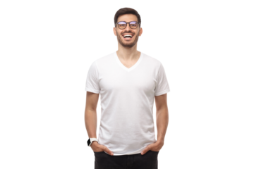 Young handsome laughing man dressed in casual white t-shirt and wearing glasses