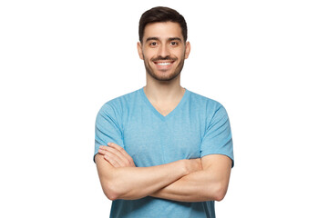 Handsome man wearing blue t-shirt, standing with arms crossed