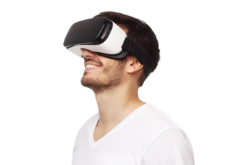 Young happy man smiling while enjoying and experiencing virtual reality with VR headset