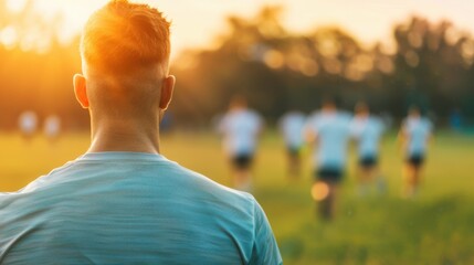 Back view of a coach observing a sports team during practice at sunset on a field