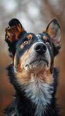 Close-up of tricolor dog looking up