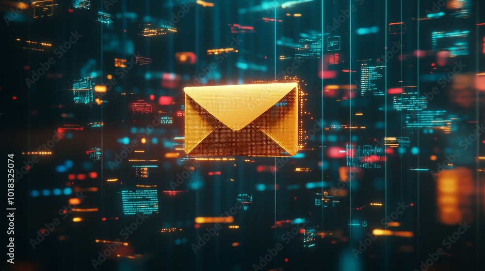 Poster a glowing golden envelope hovers in a digital landscape filled with colorful data streams, symbolizi