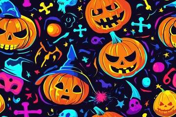 Halloween-themed pattern design, featuring various pumpkin icons and skull elements in an orange, blue, and purple color