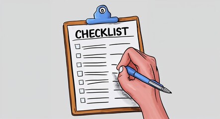 Hand drawing clipart of a clipboard with checklist on plain white background