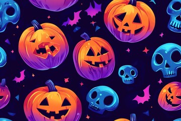 Halloween-themed pattern design, featuring various pumpkin icons and skull elements in an orange, blue, and purple color