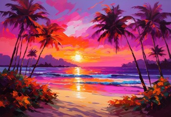 vibrant tropical sunset over serene beach exotic palm colorful skies tranquil ocean waves dreamy vacation destination, sky, horizon, shore, clouds, sand