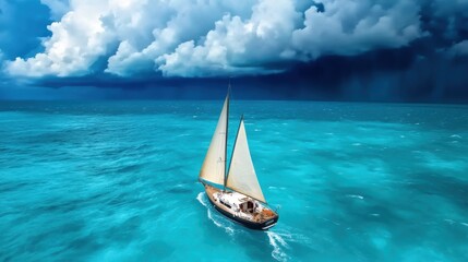 Fototapeta premium Sailboat on Vibrant Ocean Under Dramatic Cloudy Sky