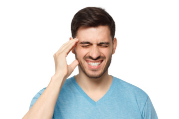 Headache concept. Young man showing how much his head hurts, experiencing pain