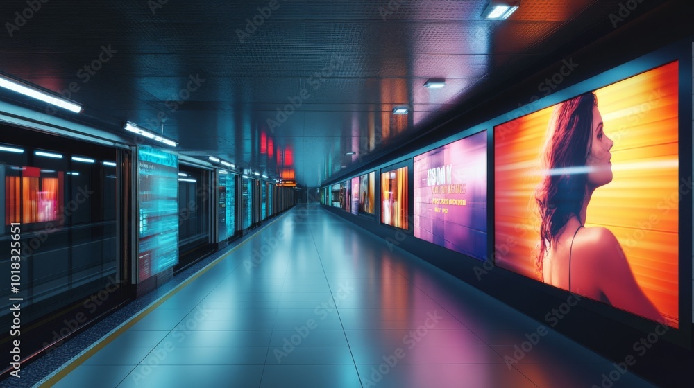 Poster a modern subway corridor with vibrant digital advertisements illuminating the walls, creating a dyna