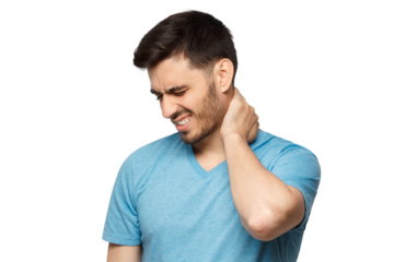 Young handsome man in blue t-shirt, touching his neck because it hurts after long working hours, feeling exhausted and worried