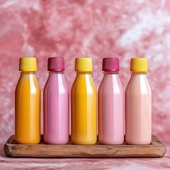 A vibrant collection of colorful beverage bottles arranged neatly on a wooden tray against a soft pink backdrop.