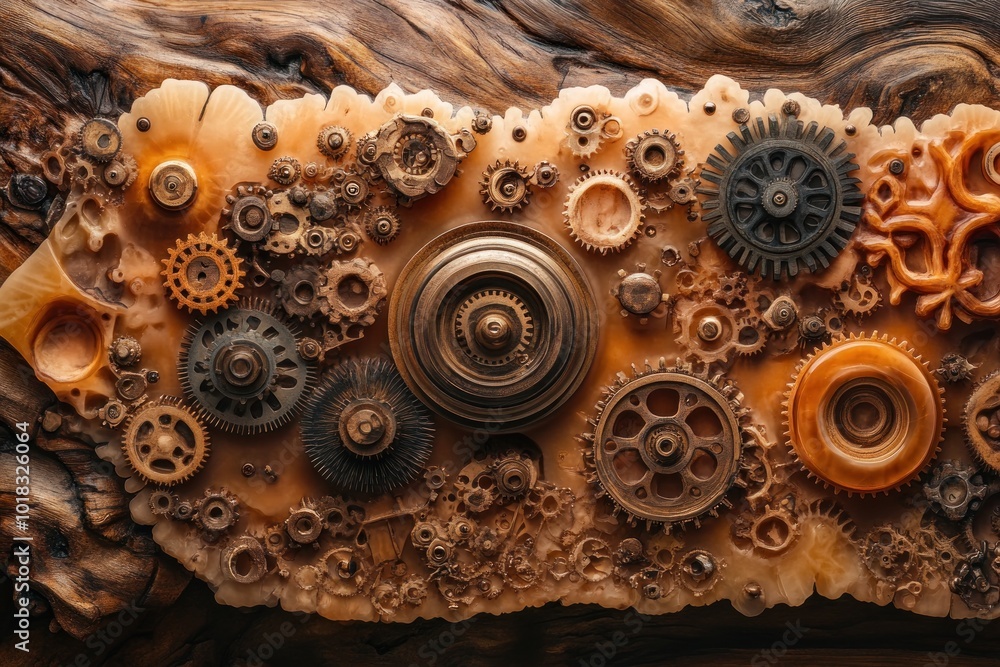 Poster a close-up of various cogs and gears of different sizes and materials, embedded in a wooden surface.