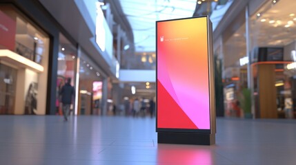 A modern digital display kiosk stands in a bustling shopping mall, showcasing vibrant colors and attracting the attention of passerby shoppers.