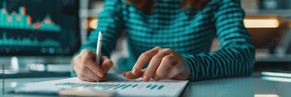 Poster person analyzing financial charts with a pen in hand, working on business data with a monitor in the