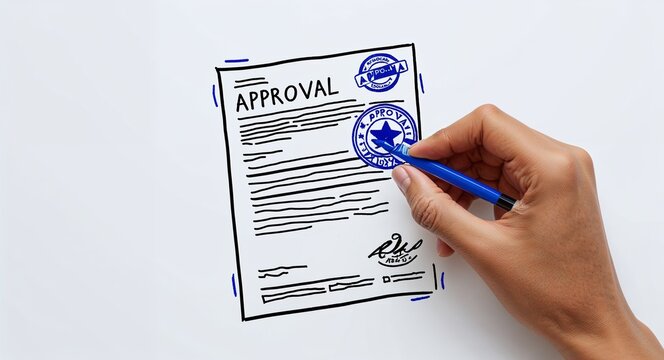 Hand drawing clipart of a document with approval stamp on plain white background