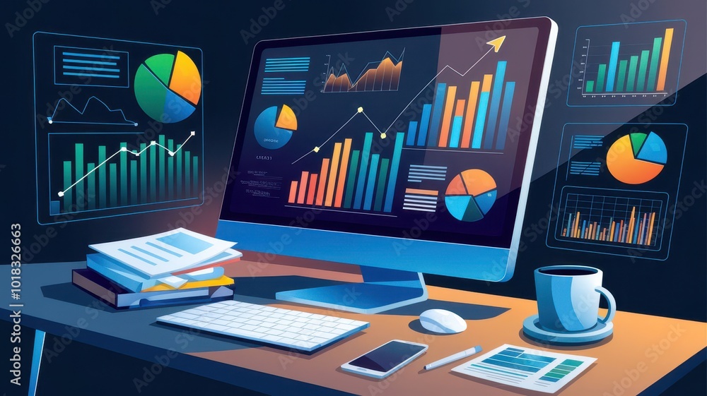 Poster a modern workspace with charts, graphs, and a computer showcasing data analytics and business perfor
