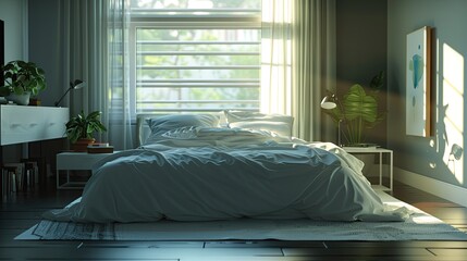 A serene bedroom with a large, plush bed, minimalist decor, and soft natural light