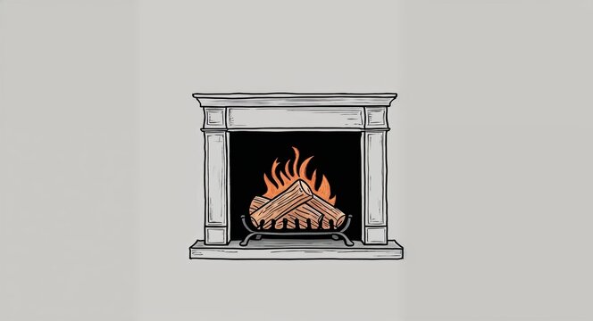 fireplace with fire burning, black and white clip art preview