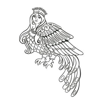 sirin bird, female bird, bird of happiness coloring outline