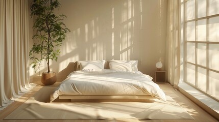 A serene bedroom with a large, plush bed, minimalist decor, and soft natural light