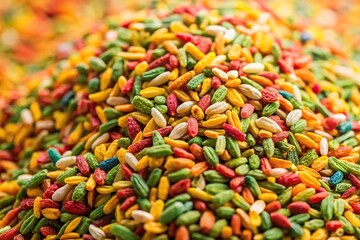 Mouth freshener mix of sugar-coated colorful fennel seeds and fenugreek, tilted angle