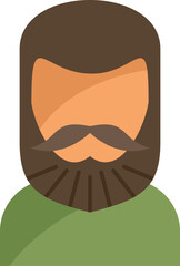 Cartoon man with brown hair, mustache, and beard is wearing a green shirt