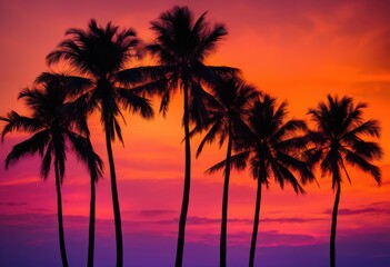 Obraz premium vibrant palm tree silhouette colorful sunset background warm hues dynamic gradients, sky, clouds, scenery, landscape, artwork, decor, tropical, scene, beauty