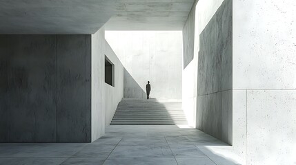 Fototapeta premium Minimalist concrete architecture with a lone figure walking up stairs.
