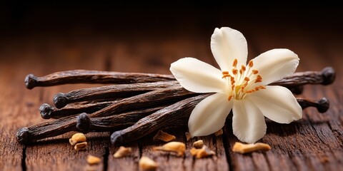 Fototapeta premium Vanilla Bean Pods and Delicate Flower on a Wooden Surface