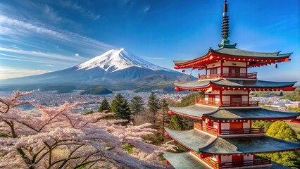 Mt Fuji and Peace Pagoda in Spring Season Symmetrical