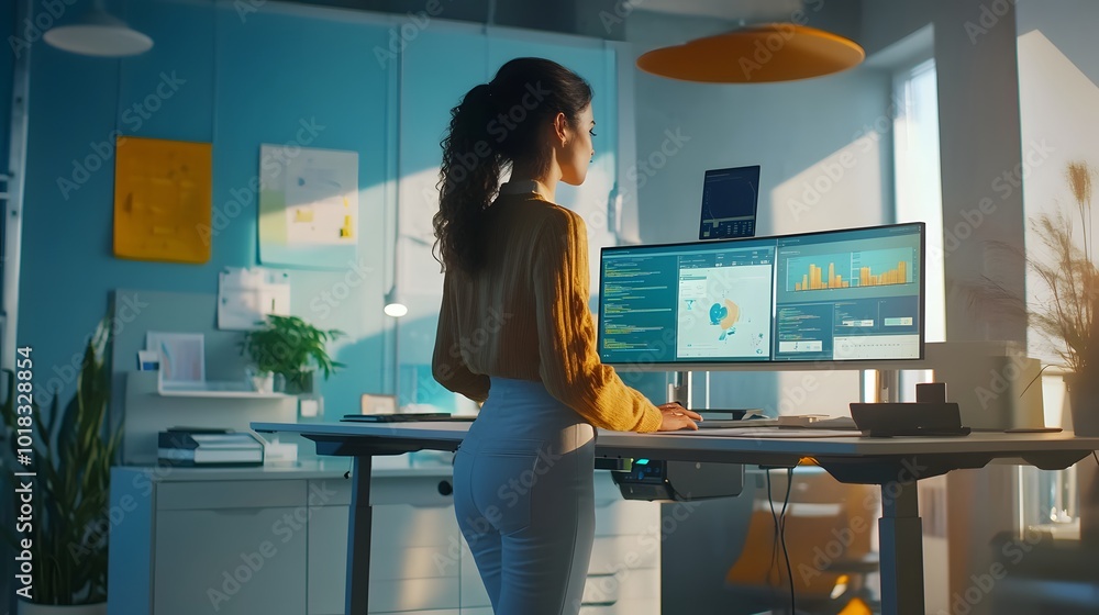 Aufkleber 48. a dynamic workspace featuring a virtual assistant at a standing desk