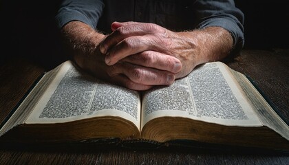 Naklejka premium A middle-aged hand resting flat on an open Bible