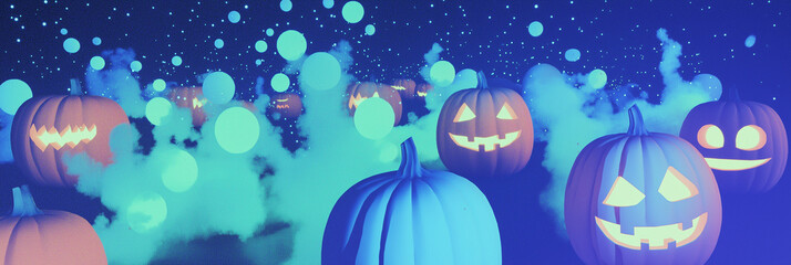 Group of jack-o’-lanterns with neon blue smoke glowing under starry sky, halloween night
