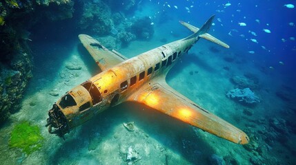 Fototapeta premium Sunken Airplane in Vibrant Underwater Scene