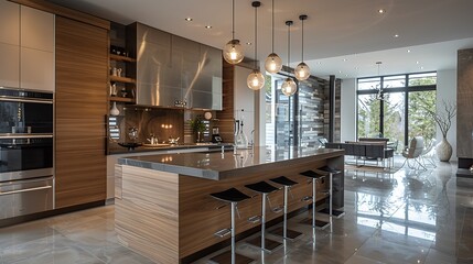 A sleek and modern kitchen island with bar stools, pendant lighting, and stylish decor