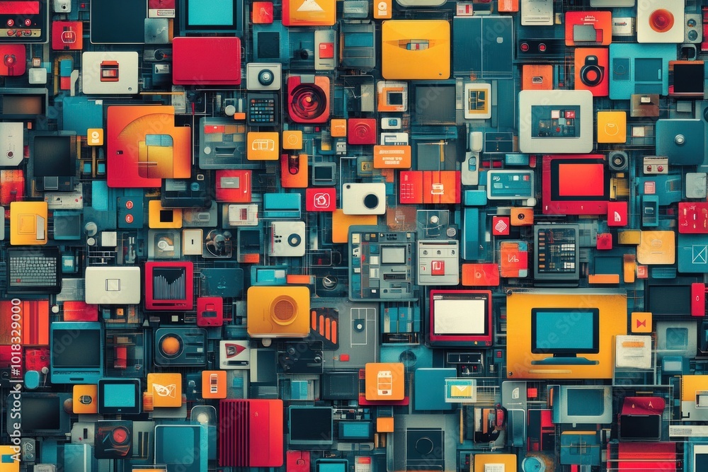 Aufkleber a colorful and abstract pattern of various tech icons and symbols arranged in a grid, evoking the in