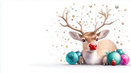 Fototapeta premium Cute reindeer surrounded by colorful Christmas ornaments on a white isolated background.