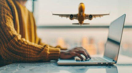 Traveler working on laptop with airplane taking off