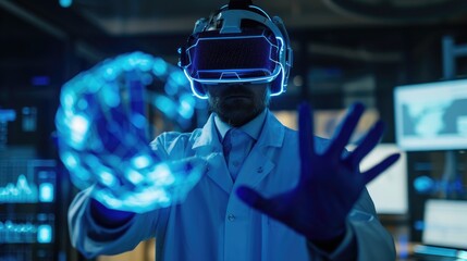 Obraz premium A healthcare worker in full protective gear interacts with virtual reality technology in a futuristic medical laboratory setting, highlighting the intersection of healthcare and innovation