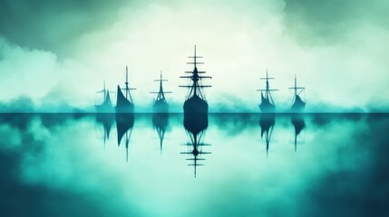 Fototapeta premium Mysterious Ships Sailing in Foggy Waters