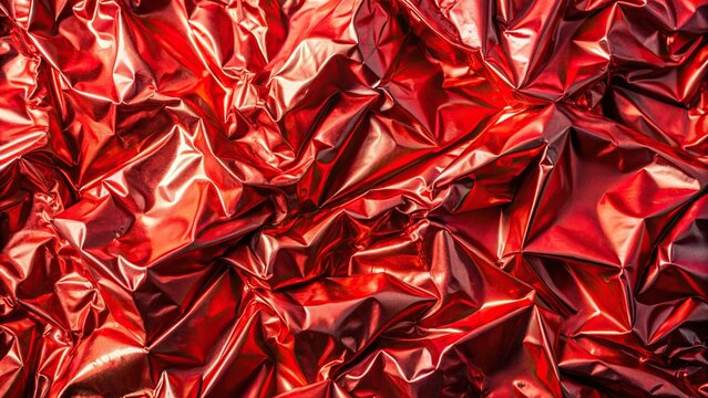 Abstract red chrome metallic foil wallpaper background closeup macro