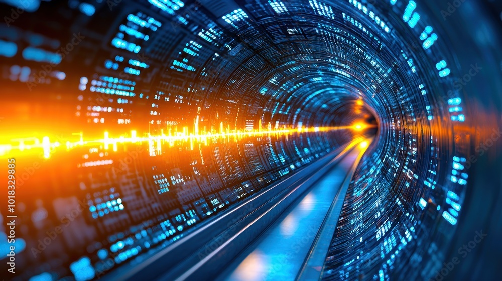 Poster futuristic digital tunnel with glowing lines and abstract patterns, suggesting advanced technology.