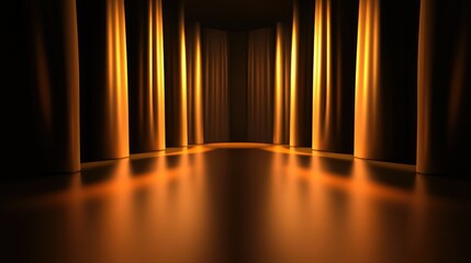 Bright golden shine enveloping a 3D stage, dark background enhancing the glow and reflections.