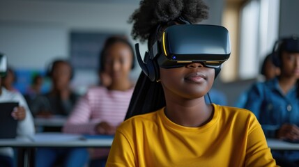 A young girl wearing a VR headset, sitting in a classroom environment, exploring virtual reality as a tool for immersive learning. Concept of education, technology, and innovation in schools
