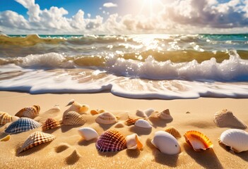 Obraz premium vibrant beachscape featuring colorful bright rolling waves under sunny sun, seashell, sky, ocean, sand, shoreline, landscape, water, sea, summer, horizon