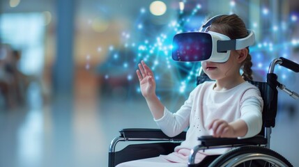 A young girl in a wheelchair engages with a virtual reality experience while in a hospital, highlighting the use of technology for therapy or entertainment in healthcare settings