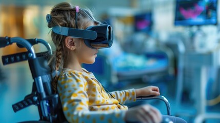 A young girl in a wheelchair engages with a virtual reality experience while in a hospital, highlighting the use of technology for therapy or entertainment in healthcare settings