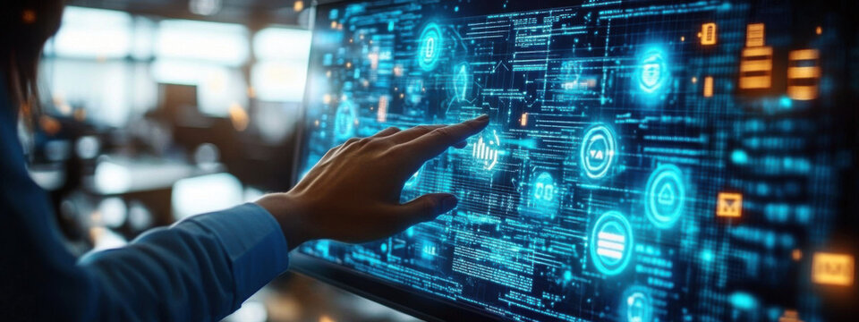 Digital transformation concept. System engineering. Binary code. Programming. a person touching a big screen in a bright office with floating icons around and charts to imagine digital transformation